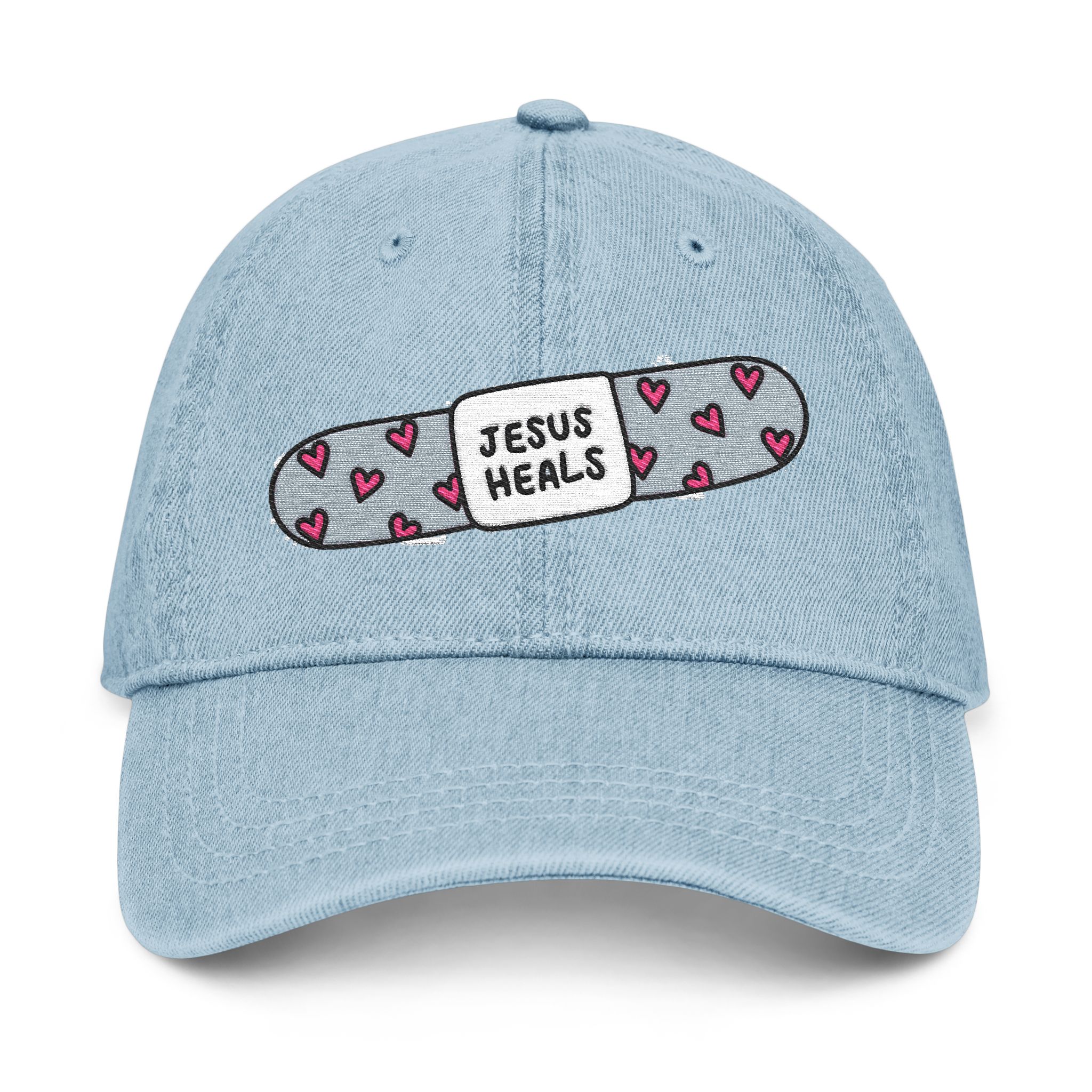 13318328672322861892_2048.jpeg Denim Hat - Embroidered "Jesus Heals" Bandage with "Hosanna" Back - Image 1