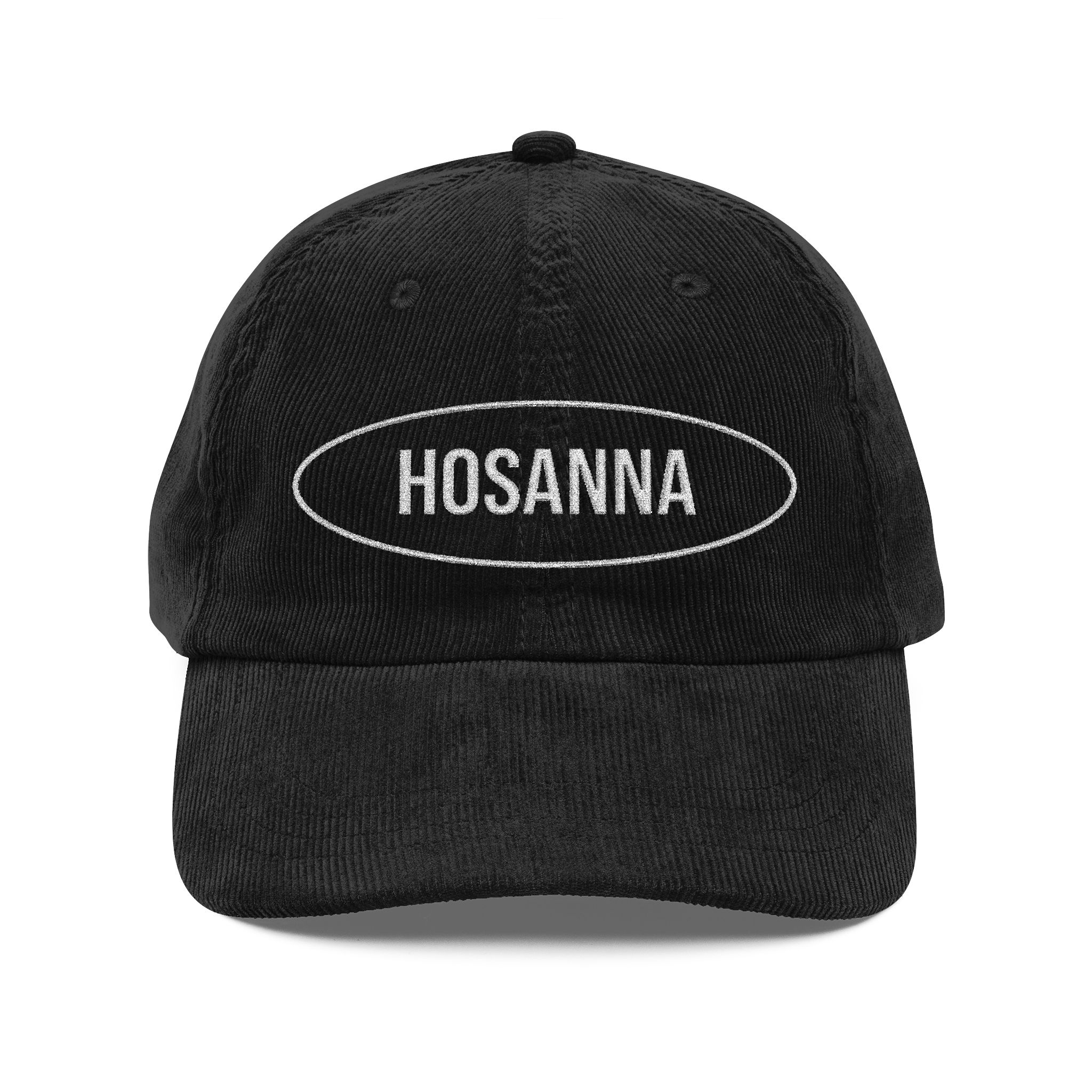 14690978884153130023_2048.jpeg Hosanna Embroidered Corduroy Cap — Vintage Black Dad Hat - Image 1